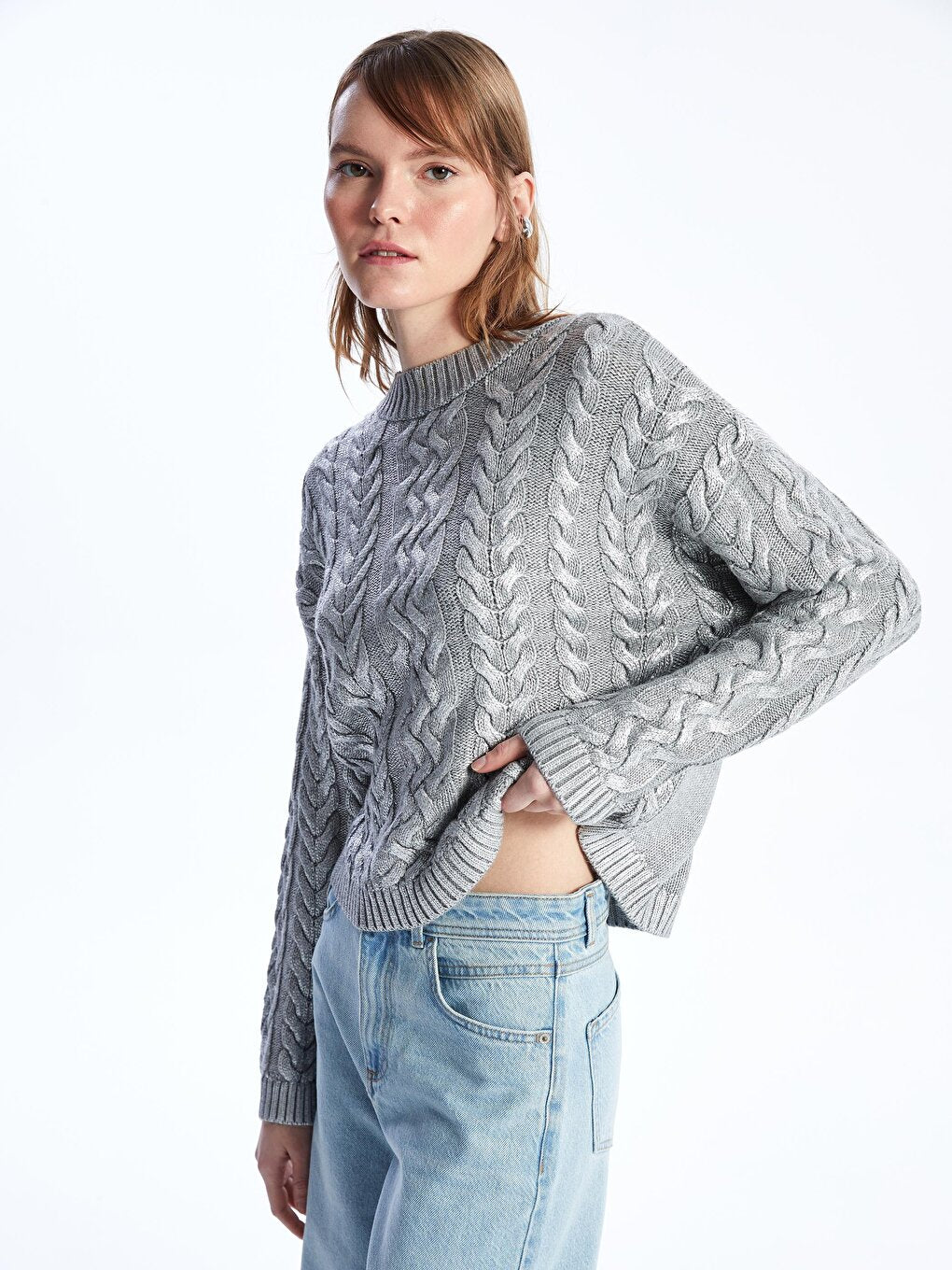 Bari - Crew Neck Foil Printed Hair Braid Patterned Knitwear Sweater - Silver Color