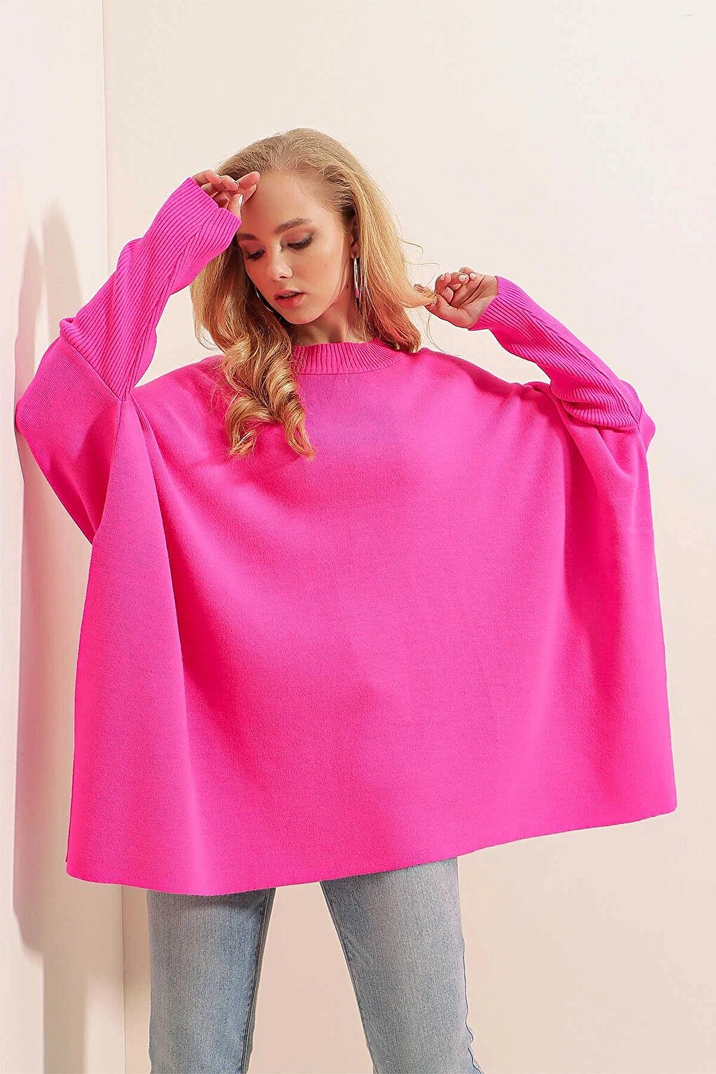 Fuchsia High Collar Slit Oversize Poncho