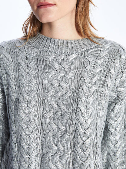 Bari - Crew Neck Foil Printed Hair Braid Patterned Knitwear Sweater - Silver Color