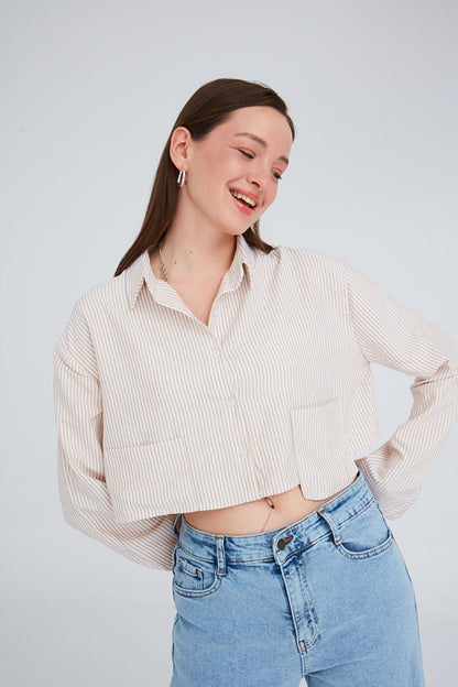 Women's Beige Striped Crop Shirt with Chest Pocket