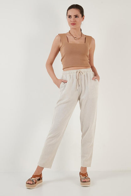 Cotton and Linen Blend High Waist Relaxed Cut Pocket Trousers 5865019