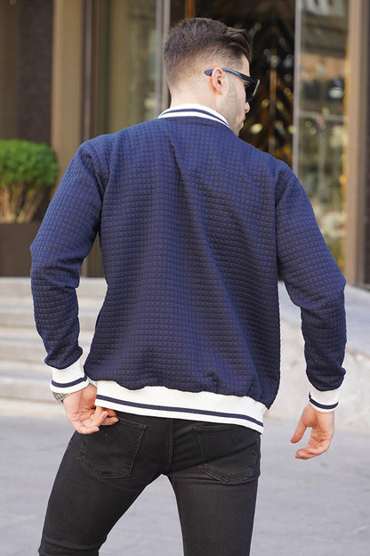 Navy Blue Quilted Patterned Men's Bomber Jacket 6035