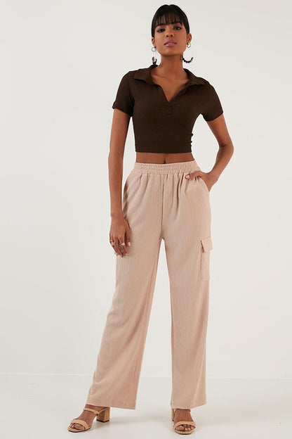 Relaxed Cut Wide Leg Pocket Flexible Crinkle Trousers 6236379