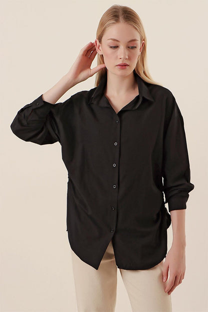 20132 Drawstring Oversize Shirt - Black