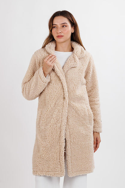 Women's Beige Jacket Collar Plush Coat