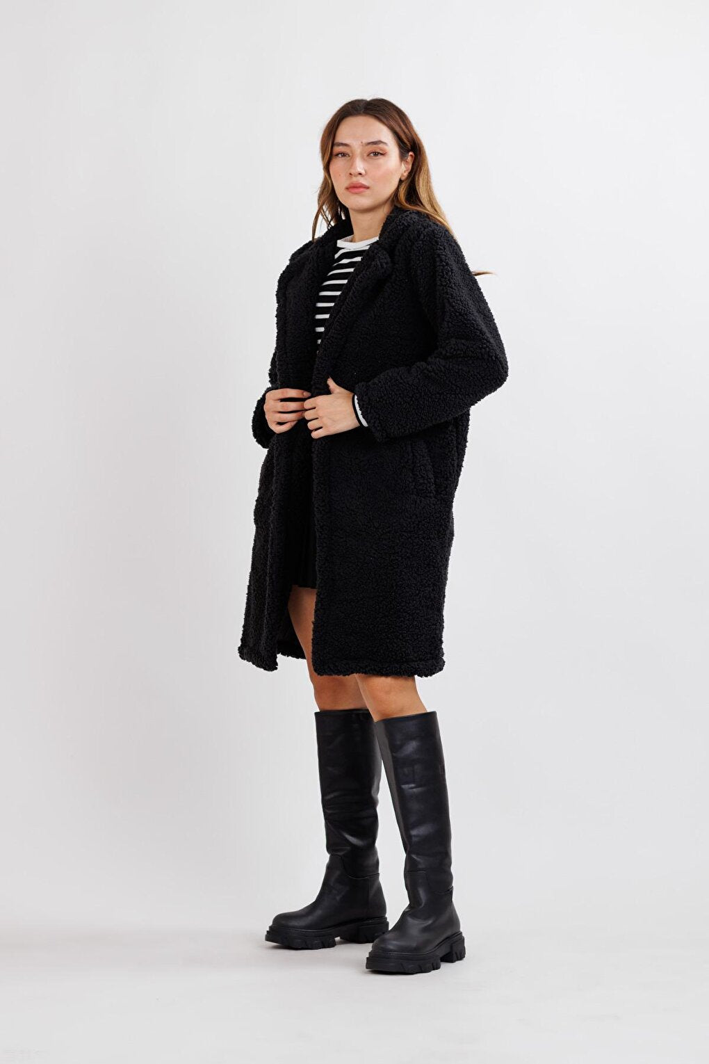 Women's Black Jacket Collar Plush Coat