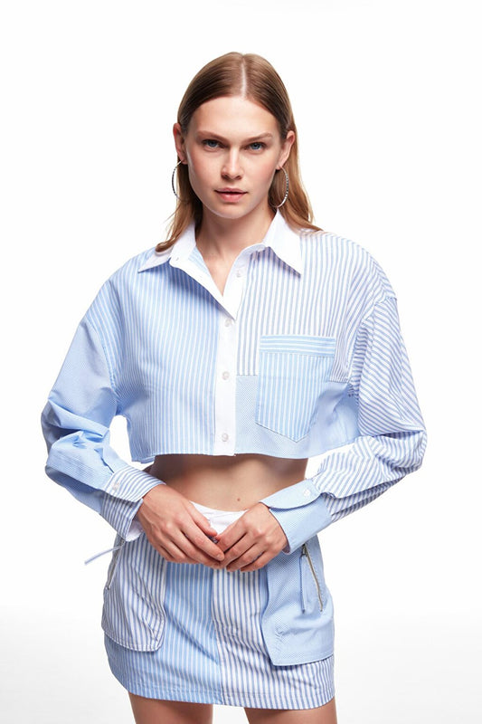 Pocket Detailed Striped Crop Shirt Blue