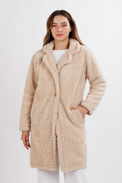 Women's Beige Jacket Collar Plush Coat