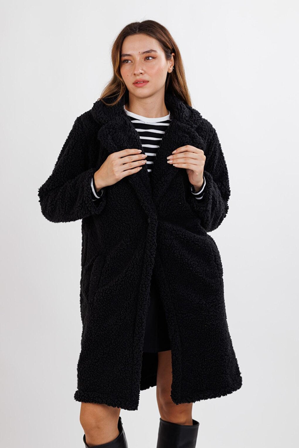 Women's Black Jacket Collar Plush Coat