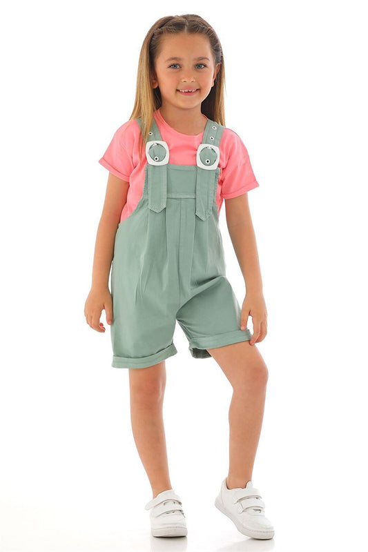 Girl's Green Colored Shorts and Belt Detailed Salopette Set