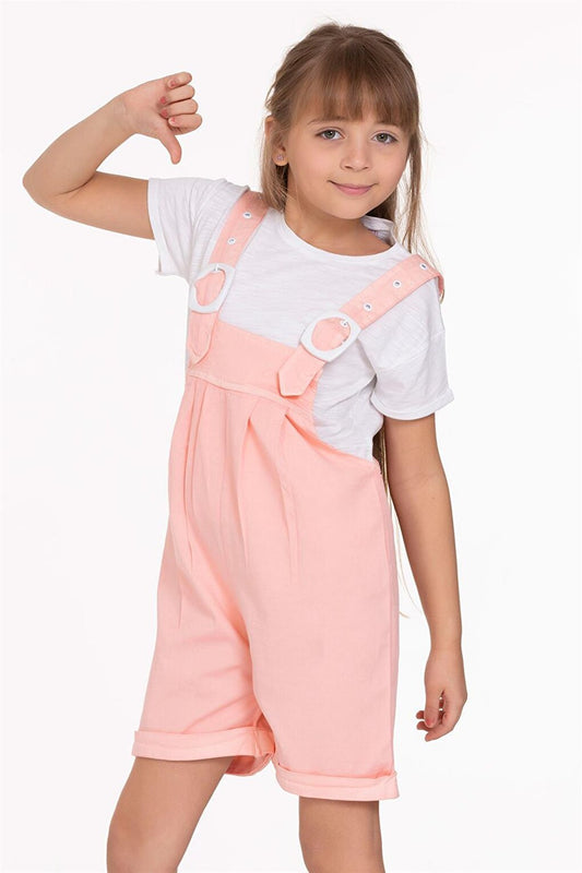 Girl's Salmon Colored Shorts and Belt Detailed Salopette Set