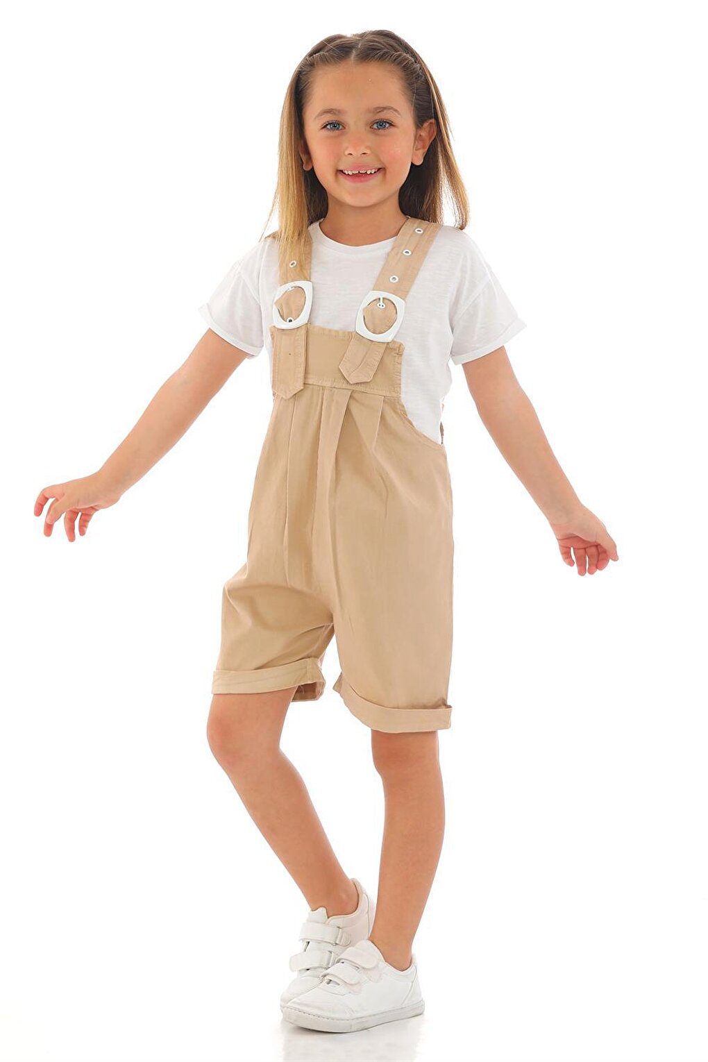 Girl's Beige Ecru Colored Shorts and Belt Detailed Salopette Set