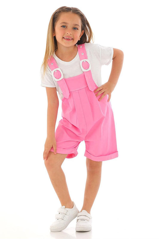 Girl's Pink Colored Shorts and Belt Detailed Salopette Set