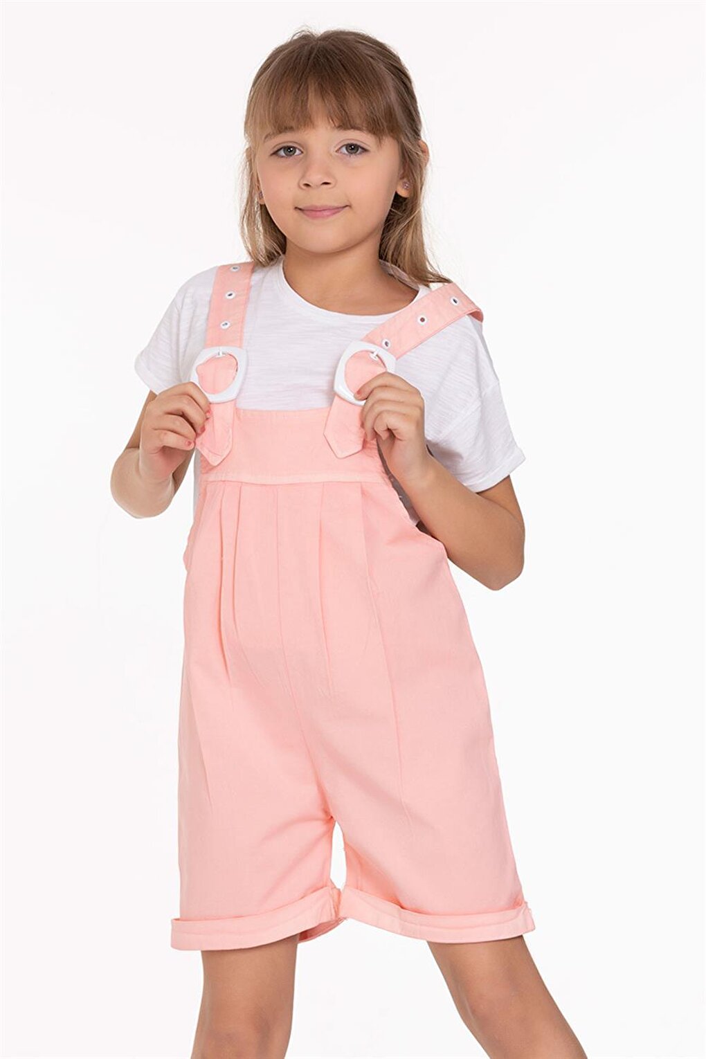 Girl's Salmon Colored Shorts and Belt Detailed Salopette Set