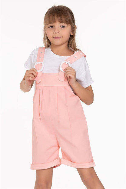 Girl's Salmon Colored Shorts and Belt Detailed Salopette Set