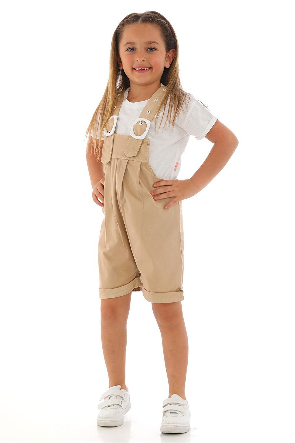 Girl's Beige Ecru Colored Shorts and Belt Detailed Salopette Set