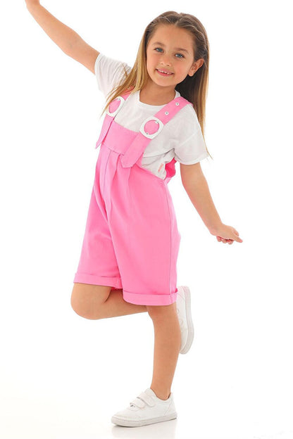 Girl's Pink Colored Shorts and Belt Detailed Salopette Set