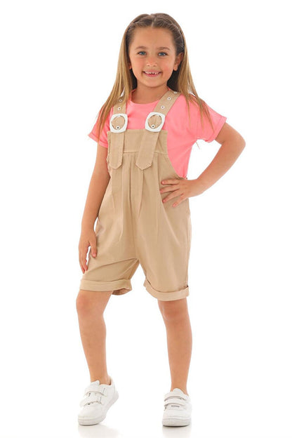 Girl's Beige Colored Shorts and Belt Detailed Salopette Set