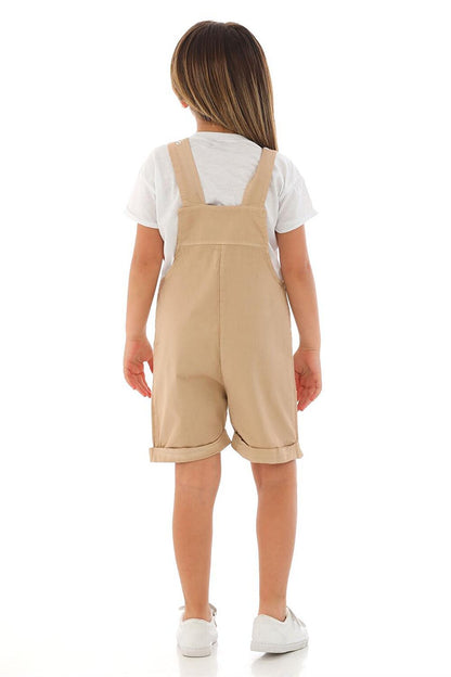 Girl's Beige Ecru Colored Shorts and Belt Detailed Salopette Set