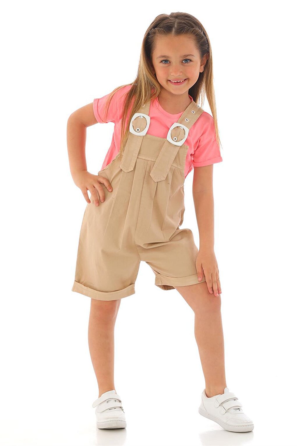 Girl's Beige Colored Shorts and Belt Detailed Salopette Set