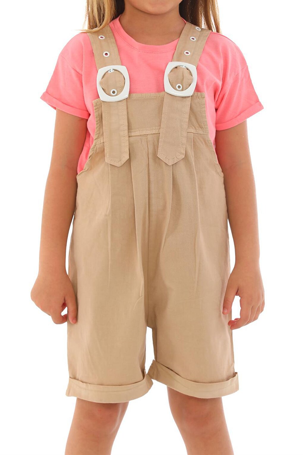 Girl's Beige Colored Shorts and Belt Detailed Salopette Set