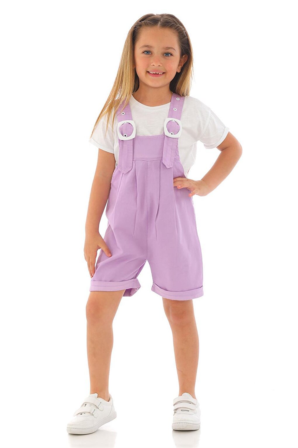 Girl's Lilac Colored Shorts and Belt Detailed Salopette Set