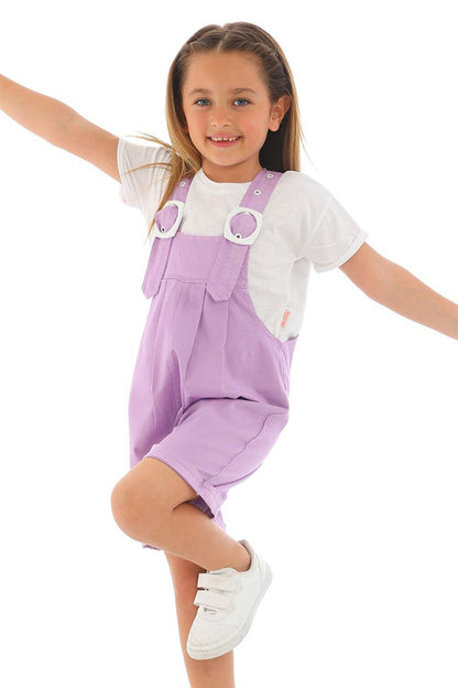 Girl's Lilac Colored Shorts and Belt Detailed Salopette Set