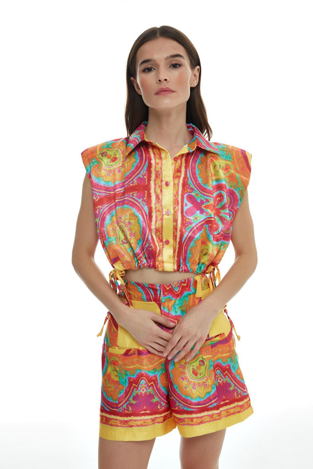 Colorful Patterned Shirt with Gather Detail Fuchsia