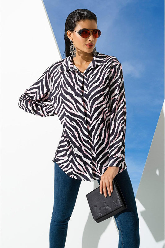 Zebra Pattern Pink Long Woven Shirt