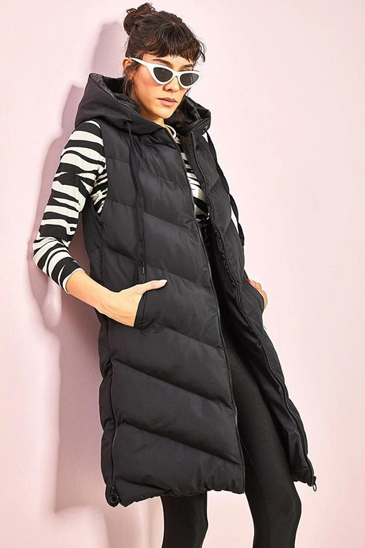 Women's Long Puffer Vest with Side Zippers