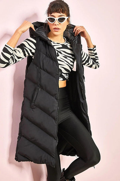 Women's Long Puffer Vest with Side Zippers