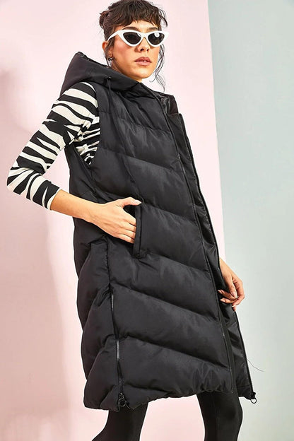 Women's Long Puffer Vest with Side Zippers