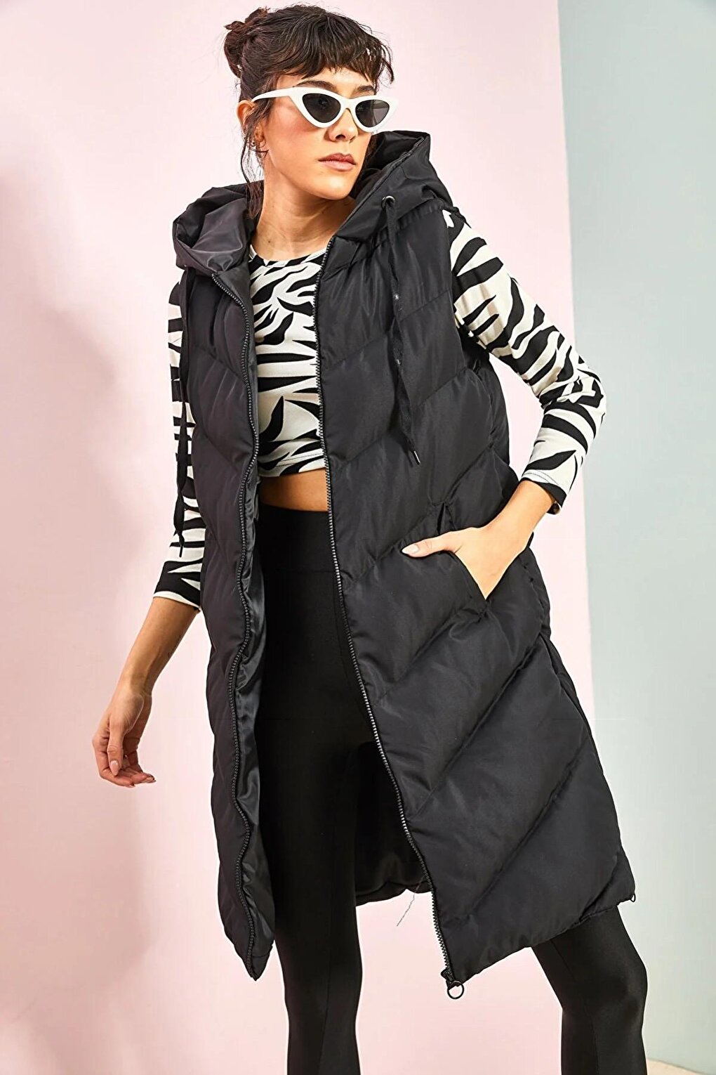 Women's Long Puffer Vest with Side Zippers