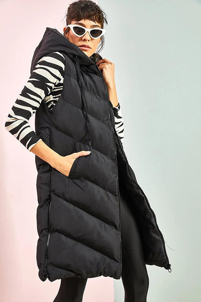 Women's Long Puffer Vest with Side Zippers