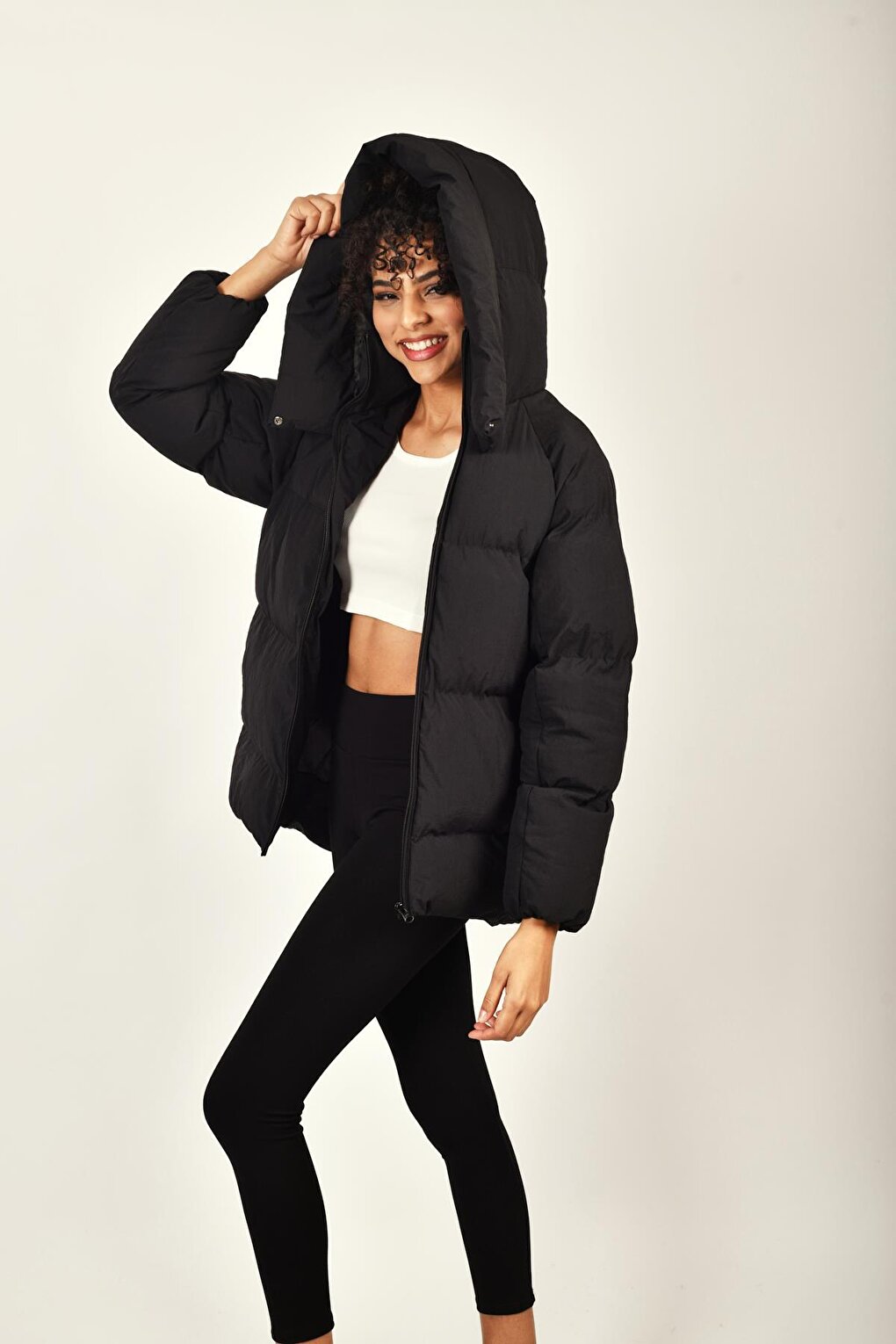 Oversize Hooded Plain Long Sleeve Women's Puffer Coat