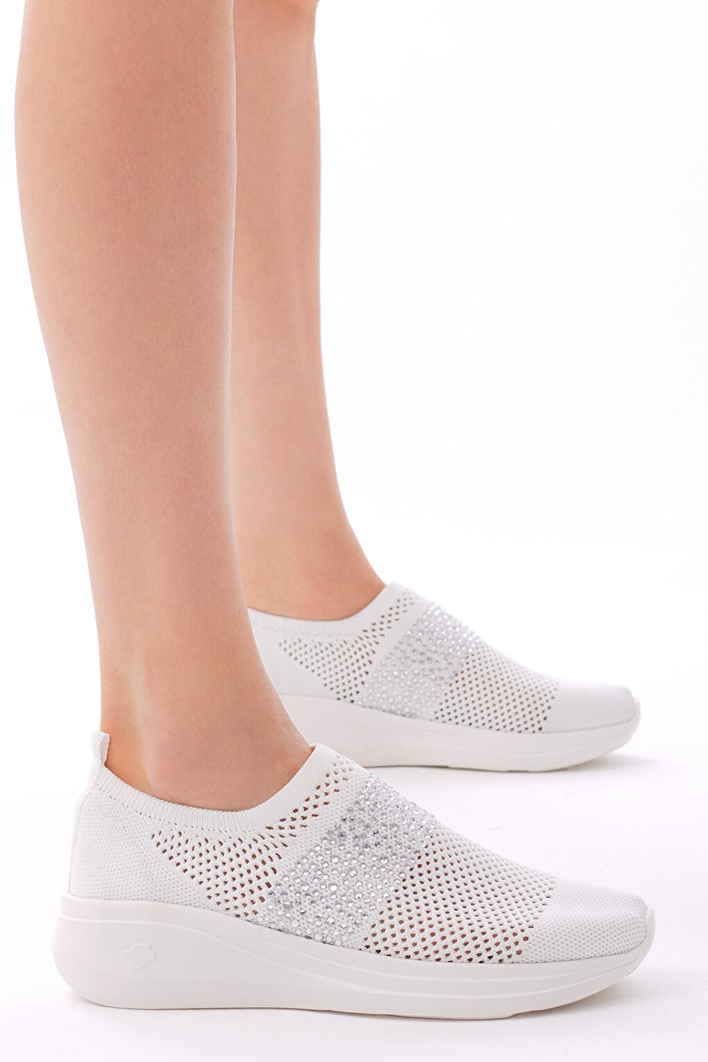 Women's White Comfortable Mold Stone Detailed Sneaker