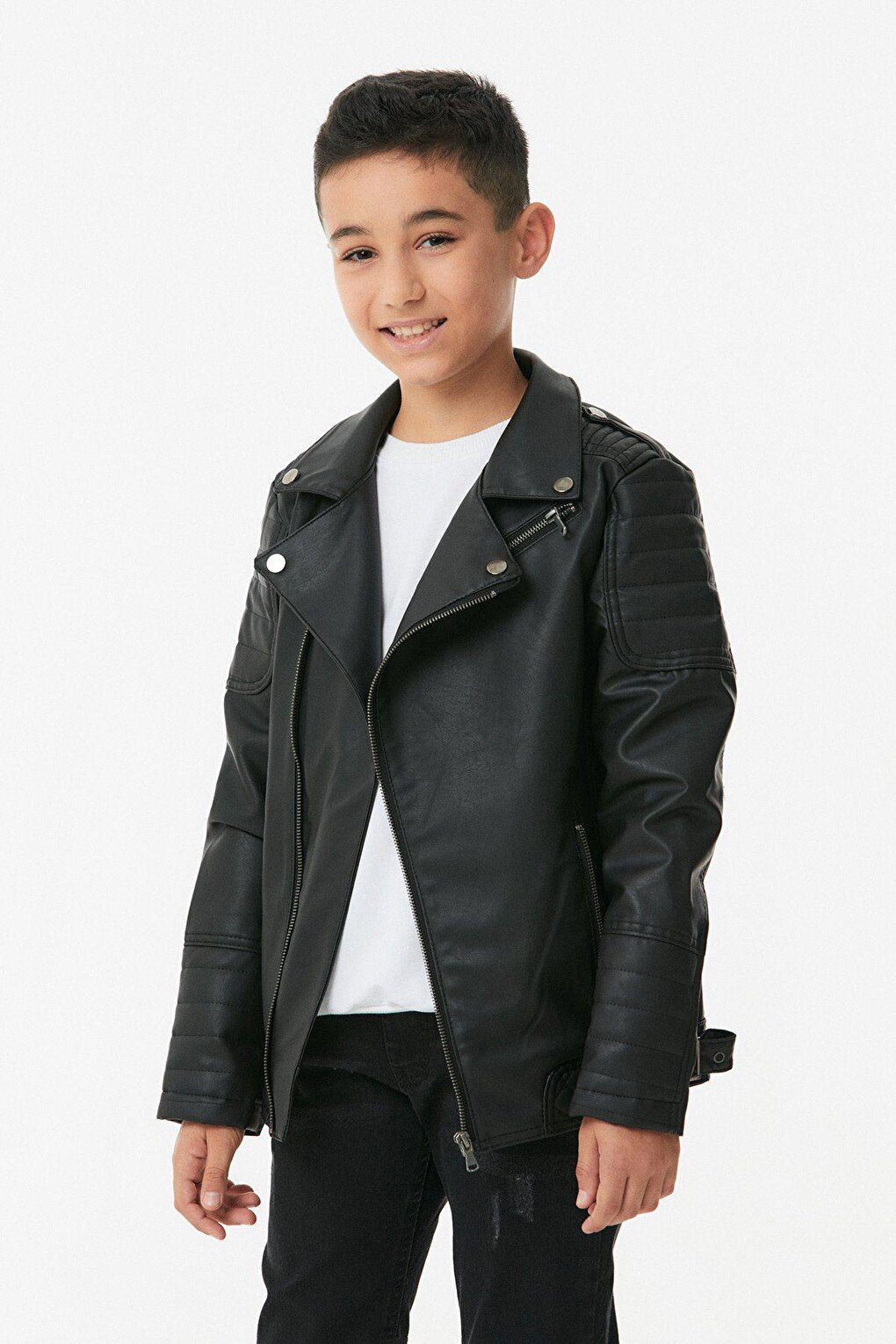 Faux Leather Double Breasted Collar Boy's Leather Coat