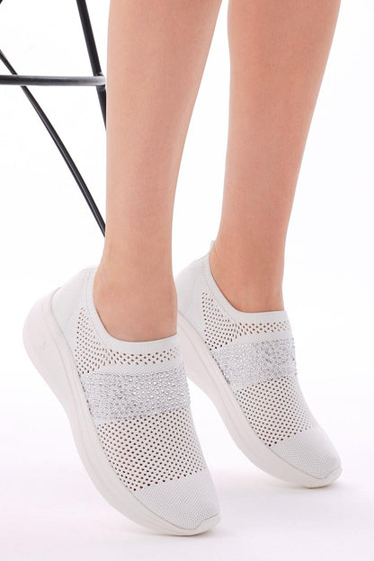 Women's White Comfortable Mold Stone Detailed Sneaker