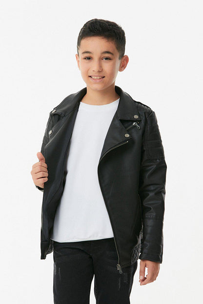 Faux Leather Double Breasted Collar Boy's Leather Coat