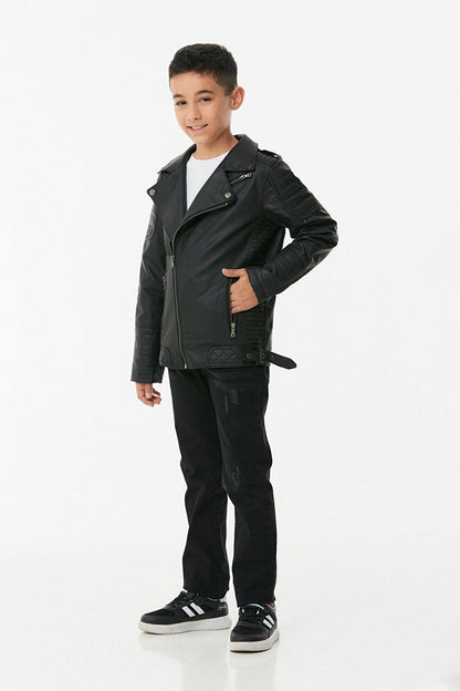 Faux Leather Double Breasted Collar Boy's Leather Coat