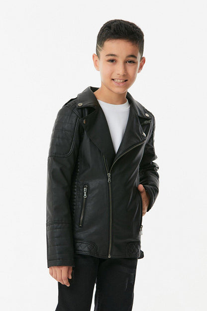 Faux Leather Double Breasted Collar Boy's Leather Coat