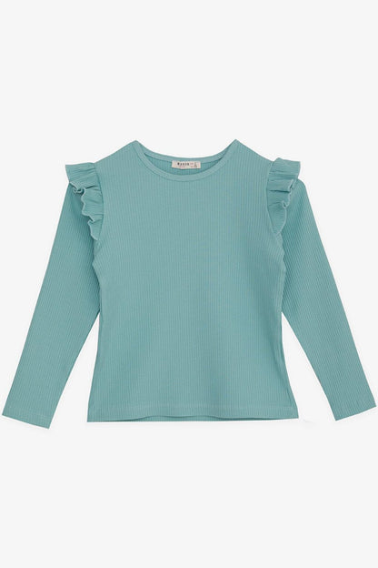 Girl's Long Sleeve Blouse Ruffled Aqua Green (Ages 8-14)