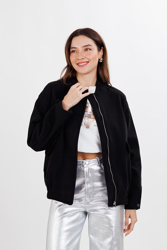 Women's Black Lined Stand Collar Elastic Waist Bomber Stash Coat Jacket