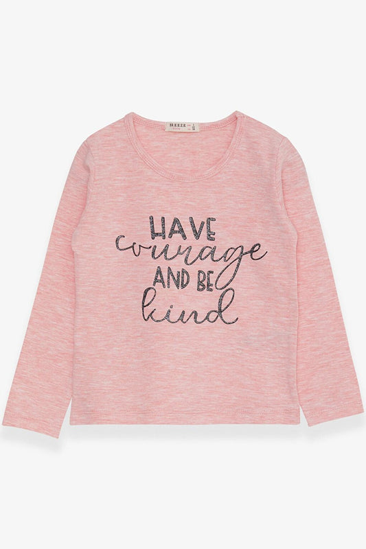 Girl's Long Sleeve T-Shirt Glitter Text Printed Salmon Melange (Age 3-6)