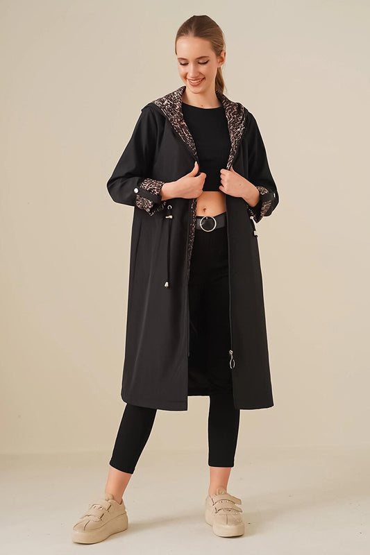 Black Leopard Zippered Waist Gathered Sleeve Cuffed Hooded Long Trench Coat