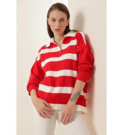 Red Polo Neck Striped Zippered Oversize Knitwear Sweater