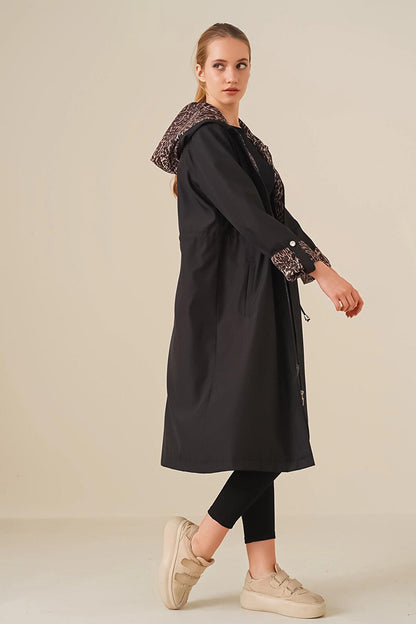 Black Leopard Zippered Waist Gathered Sleeve Cuffed Hooded Long Trench Coat