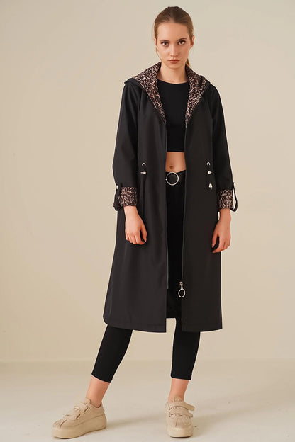 Black Leopard Zippered Waist Gathered Sleeve Cuffed Hooded Long Trench Coat