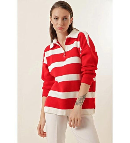 Red Polo Neck Striped Zippered Oversize Knitwear Sweater