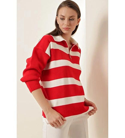 Red Polo Neck Striped Zippered Oversize Knitwear Sweater